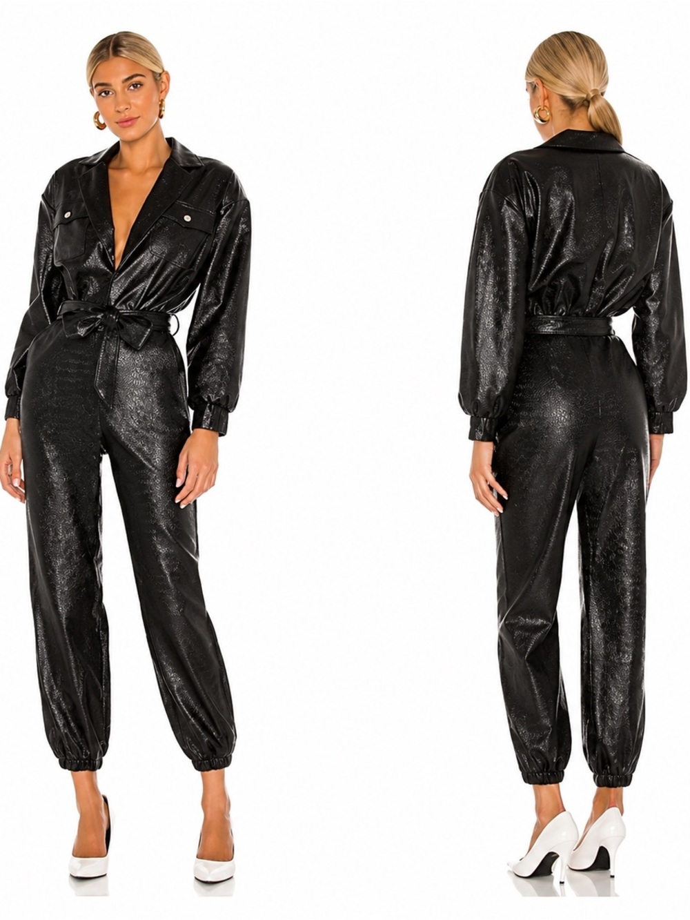 NWT Lovers + Friends Black Faux Snakeskin Tie-Waist Jumpsuit